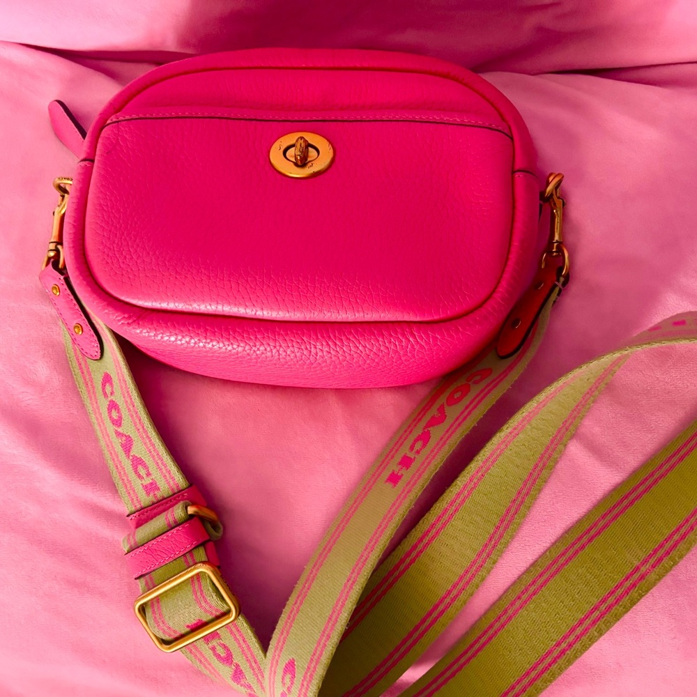 Coach Fuchsia Crossbody Bag with Green Strap